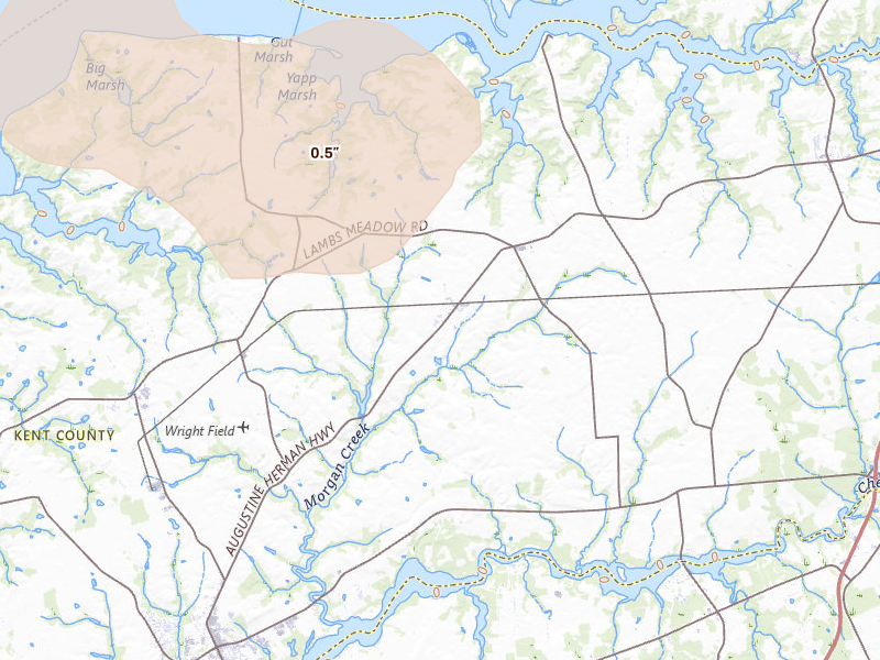 Radar-estimated hail-size map of the storm over Kennedyville, MD on Aug 10, 2026