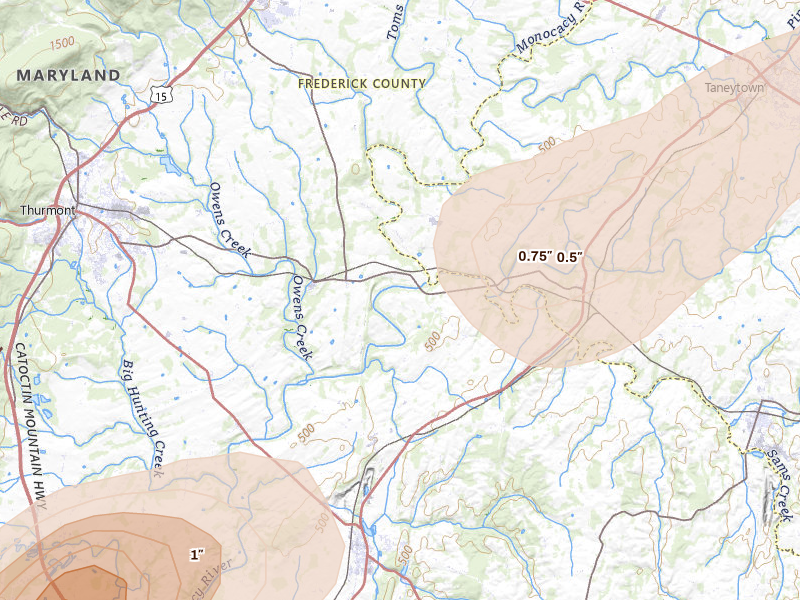 Radar-estimated hail-size map of the storm over Keymar, MD on Jul 4, 2026