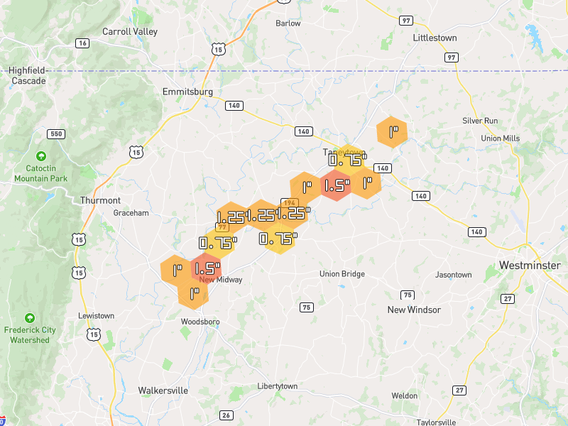 Hail map of Keymar, MD on Jul 4, 2026, hail up to 1.5"