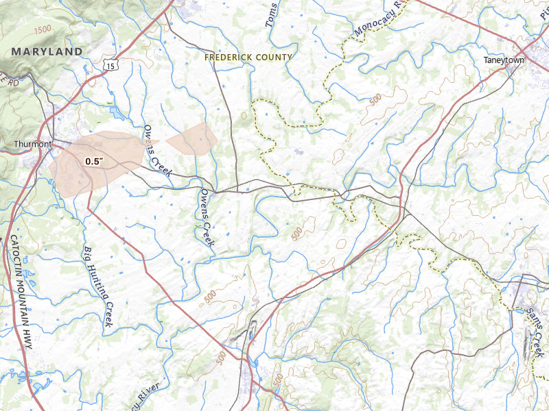Radar-estimated hail-size map of the storm over Keymar, MD on Jul 18, 2026