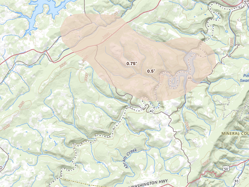 Radar-estimated hail-size map of the storm over Kitzmiller, MD on Sep 3, 2026