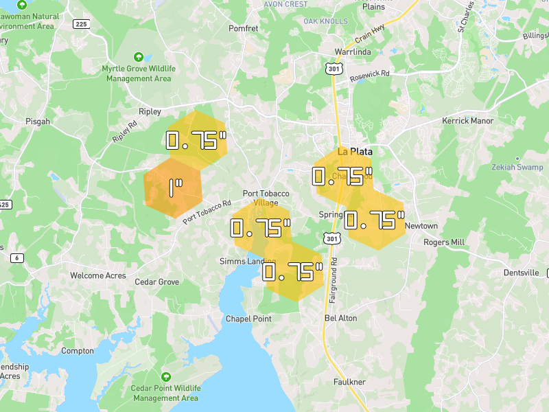 Hail map of La Plata, MD on Jul 9, 2026, hail up to 1"