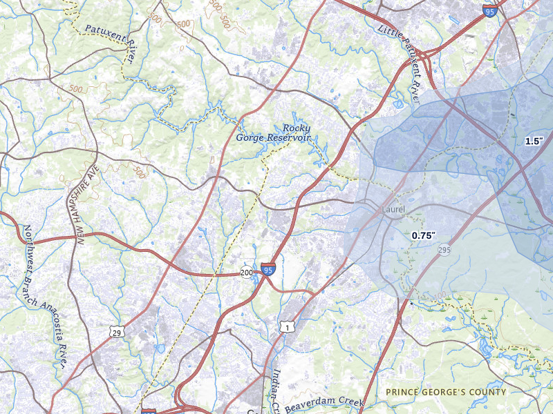 NEXRAD radar-signature map of the hail over Laurel, MD