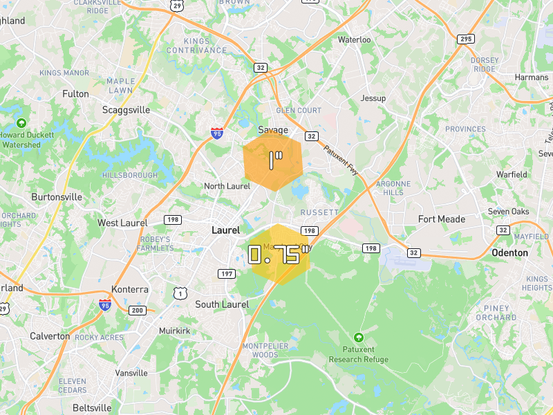 Hail map of Laurel, MD on Jul 4, 2026, hail up to 1"