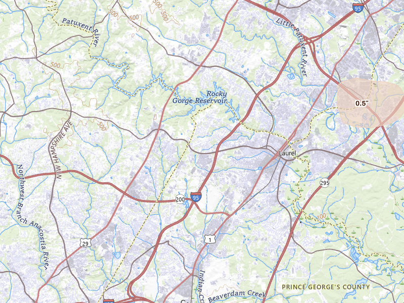 Radar-estimated hail-size map of the storm over Laurel, MD on Jul 17, 2026