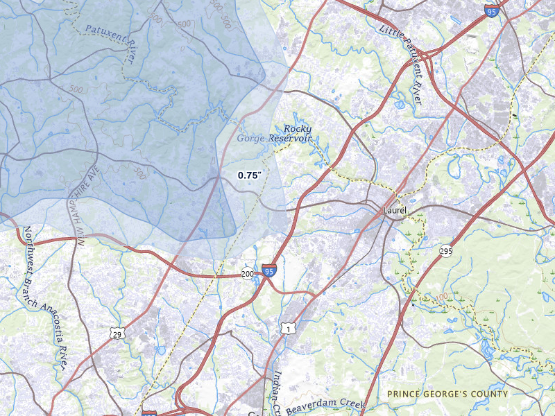 NEXRAD radar-signature map of the hail storm over Laurel, MD on Jul 28, 2026