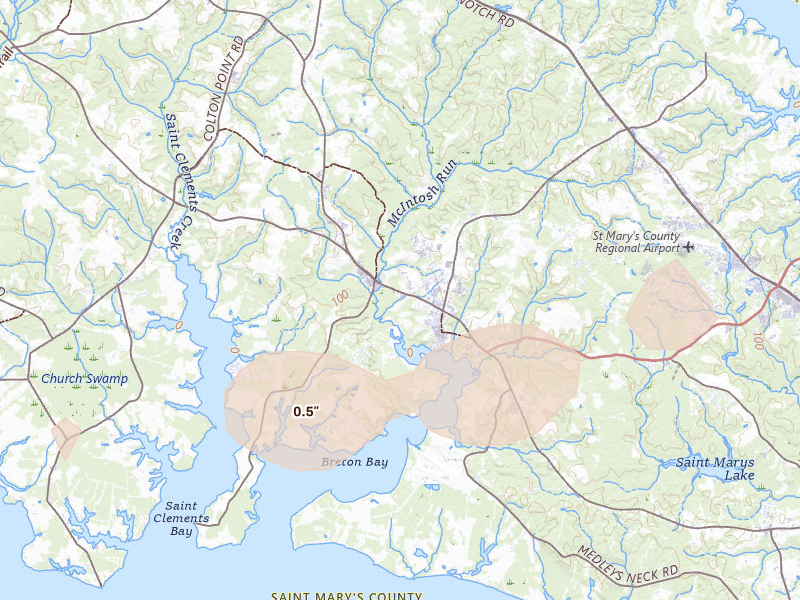 Radar-estimated hail-size map of the storm over Leonardtown, MD on Apr 1, 2026