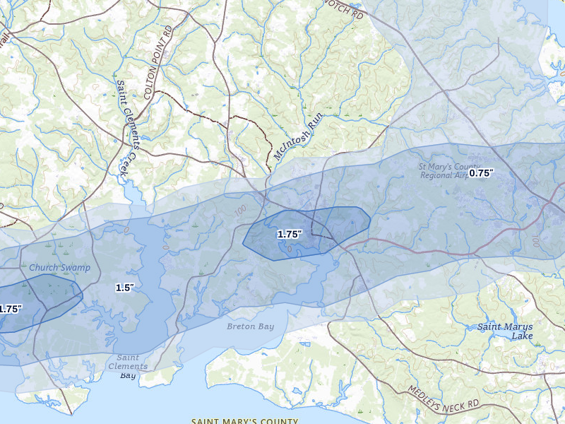 NEXRAD radar-signature map of the hail storm over Leonardtown, MD on Apr 1, 2026