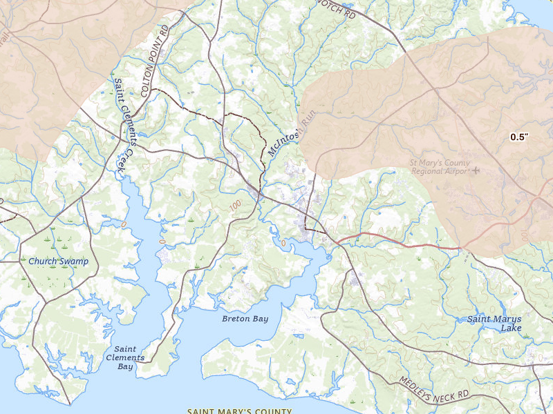 Radar-estimated hail-size map of the storm over Leonardtown, MD on Jul 4, 2026
