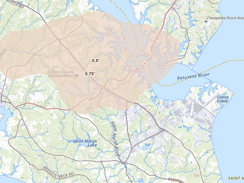 Radar-estimated hail-size map of the storm over Lexington Park, MD on Jul 4, 2026