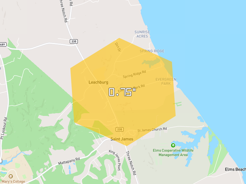 Hail map of Lexington Park, MD on Jul 6, 2026, hail up to 0.75"