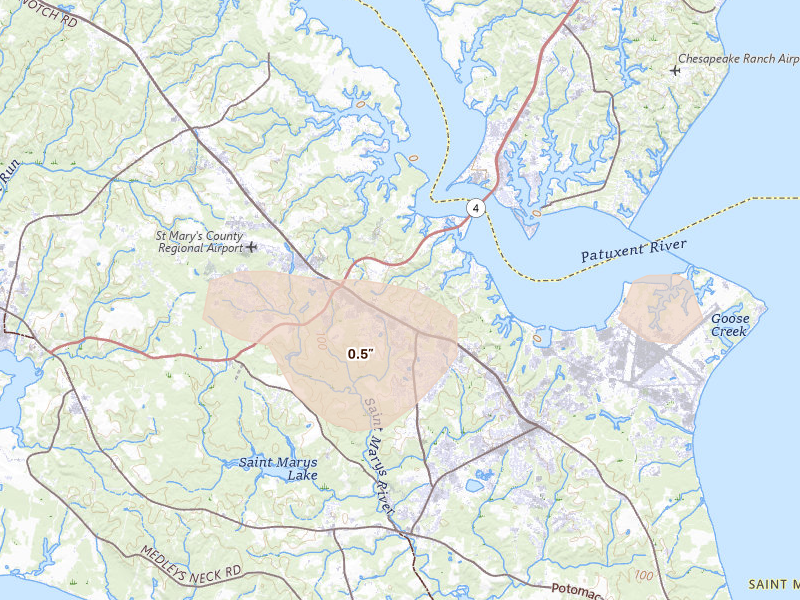 Radar-estimated hail-size map of the storm over Lexington Park, MD on Jul 22, 2026