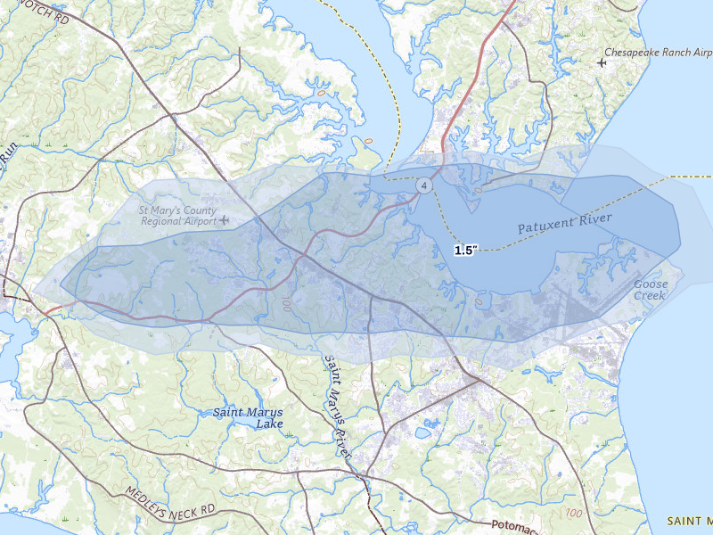 NEXRAD radar-signature map of the hail storm over Lexington Park, MD on Jul 22, 2026
