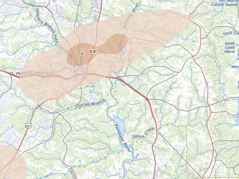 Radar-estimated hail-size map of the storm over Lothian, MD on Jul 21, 2026