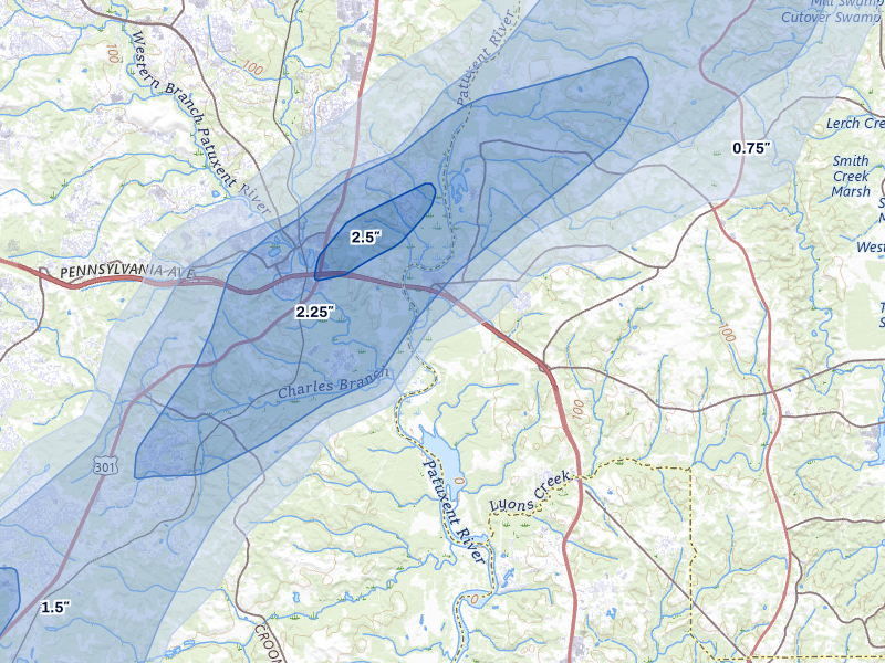 NEXRAD radar-signature map of the hail storm over Lothian, MD on Jul 21, 2026