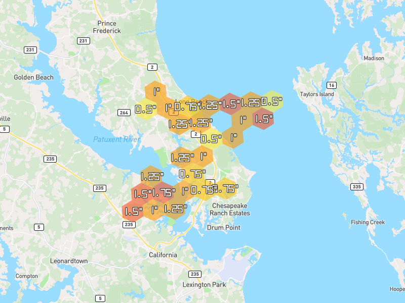 Hail map of Lusby, MD on Jul 4, 2026, hail up to 1.75"