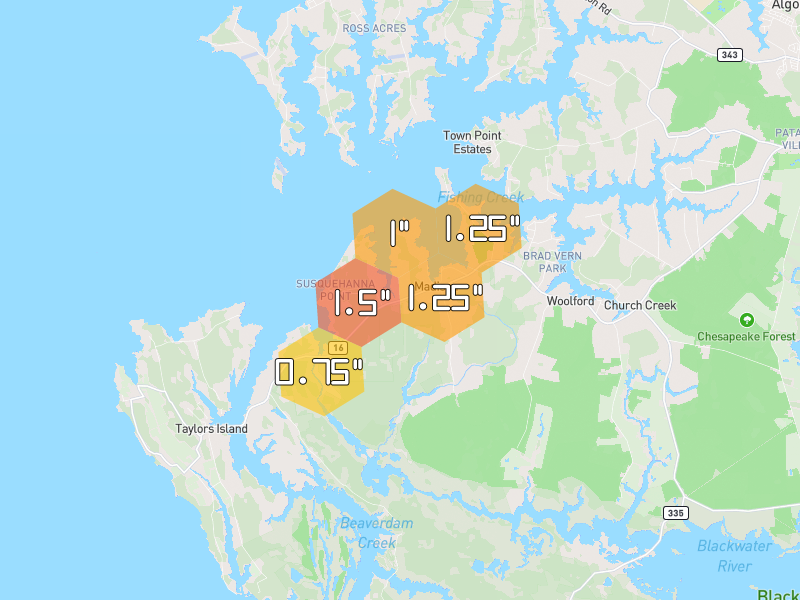 Hail map of Madison, MD on Jul 4, 2026, hail up to 1.5"