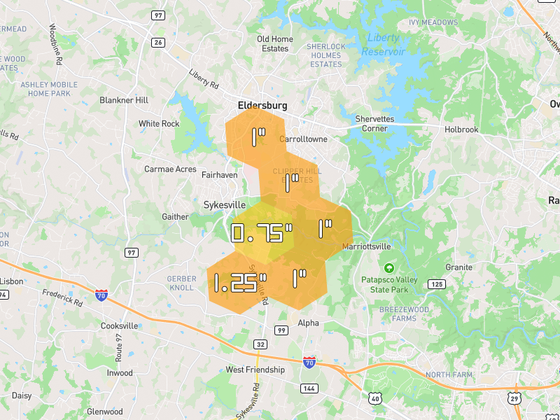 Hail map of Marriottsville, MD on Jul 4, 2026, hail up to 1.25"