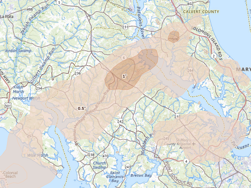Radar-estimated hail-size map of the storm over Mechanicsville, MD on Jul 4, 2026