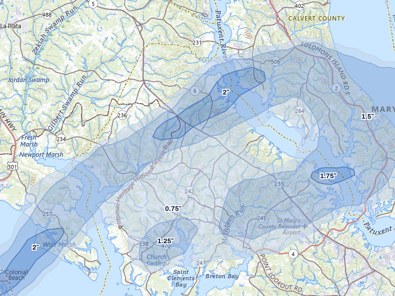 NEXRAD radar-signature map of the hail over Mechanicsville, MD