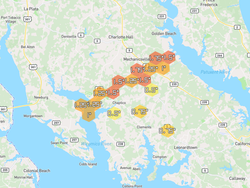 Hail map of Mechanicsville, MD on Jul 4, 2026, hail up to 1.75"