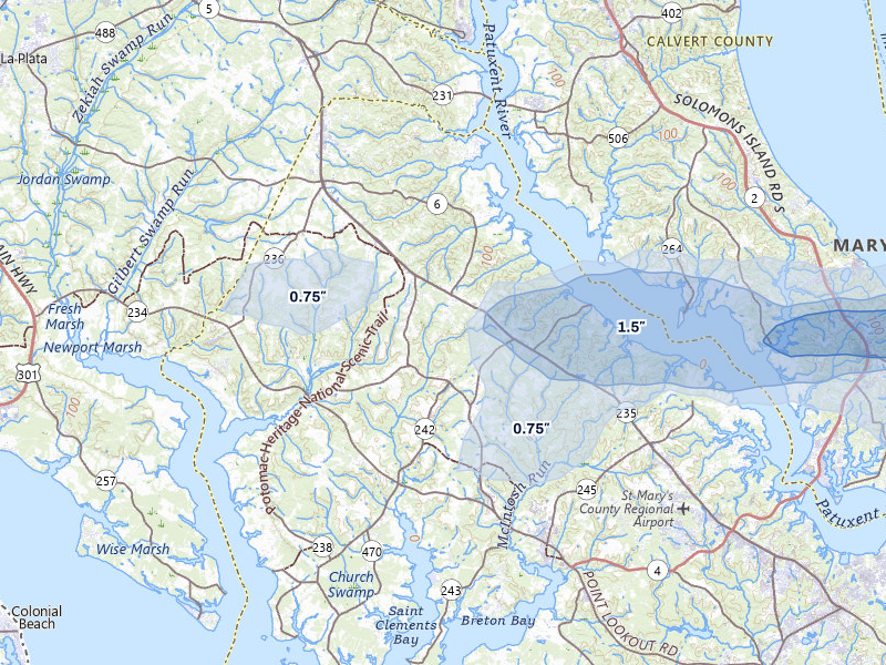 NEXRAD radar-signature map of the hail over Mechanicsville, MD