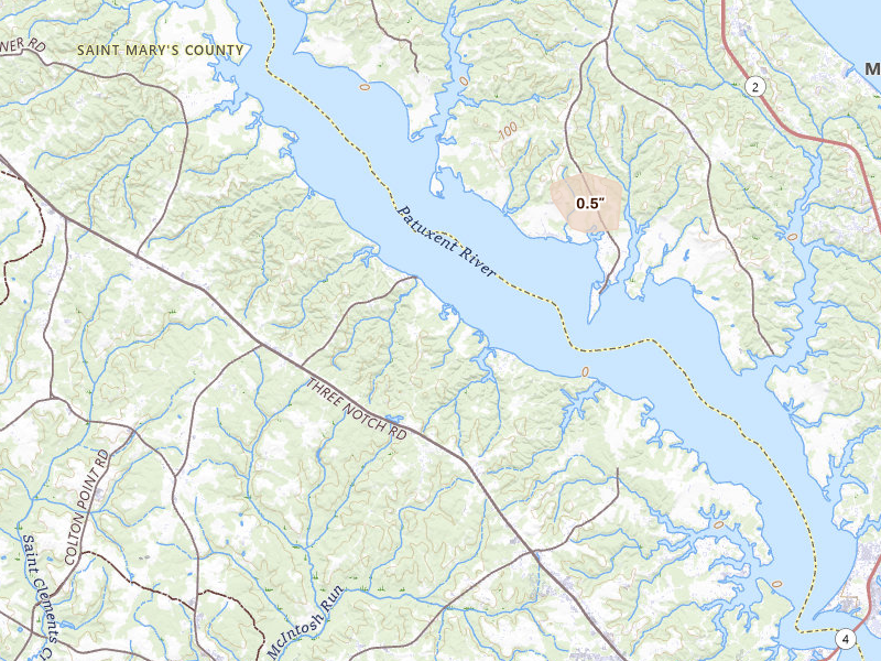 Radar-estimated hail-size map of the storm over Mechanicsville, MD on Aug 10, 2026