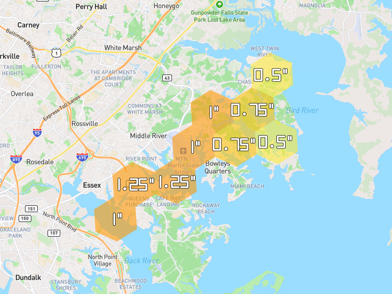 Hail map of Middle River, MD on Jul 4, 2026, hail up to 1.25"
