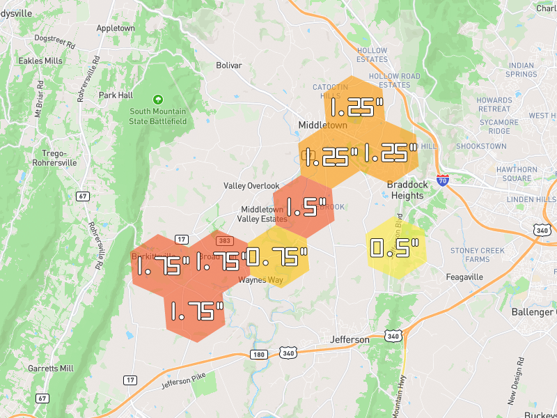 Hail map of Middletown, MD on Jul 4, 2026, hail up to 1.75"