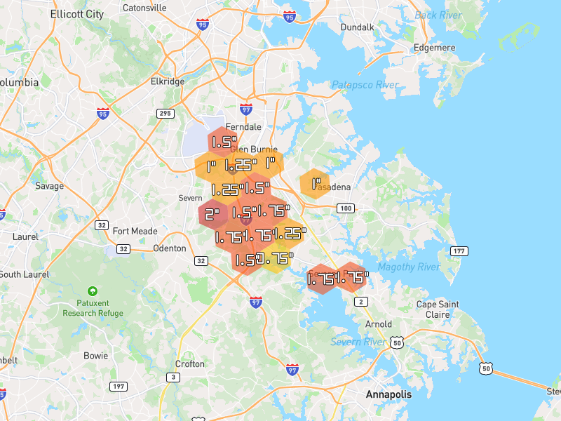 Hail map of Millersville, MD on Jul 4, 2026, hail up to 2"