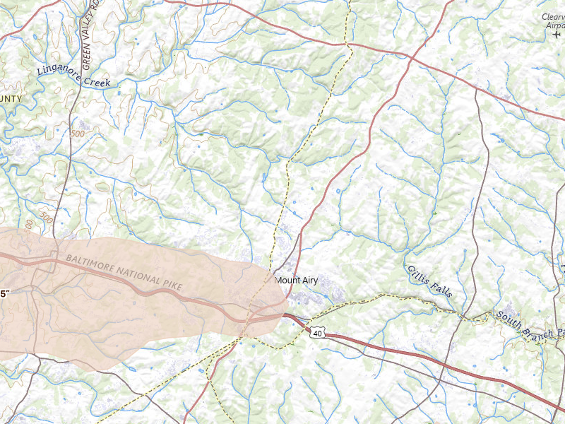 Radar-estimated hail-size map of the storm over Mount Airy, MD on Jul 28, 2026
