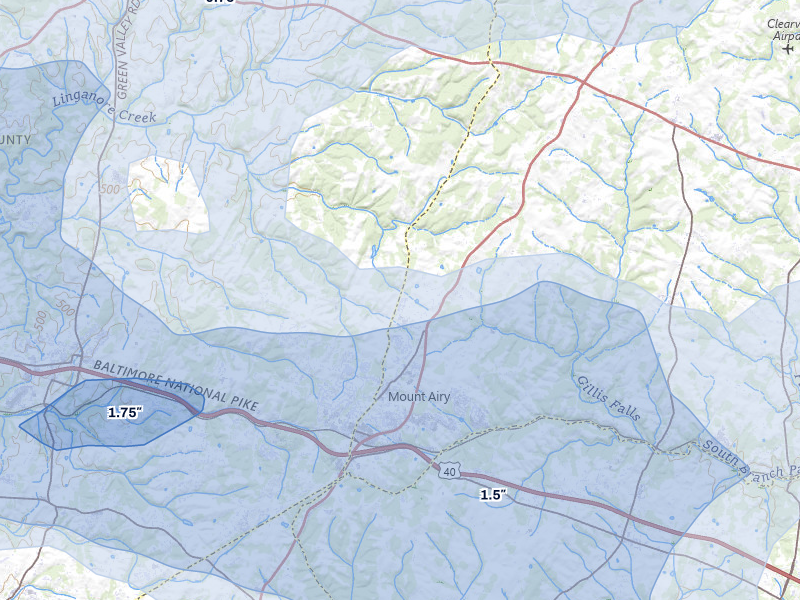 NEXRAD radar-signature map of the hail storm over Mount Airy, MD on Jul 28, 2026
