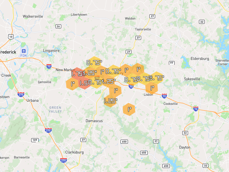 Hail map of Mount Airy, MD on Jul 28, 2026, hail up to 1.75"