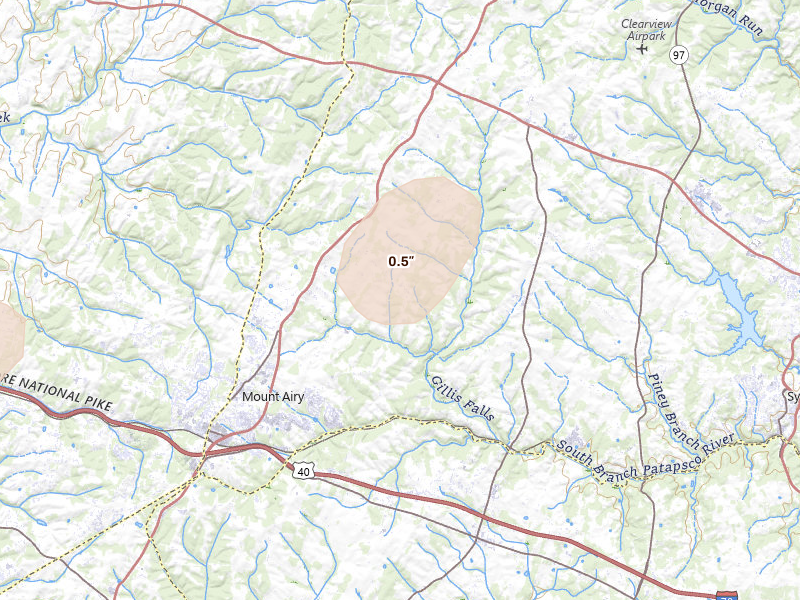 Radar-estimated hail-size map of the storm over Mount Airy, MD on Aug 10, 2026