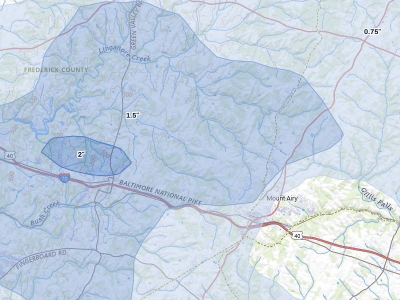 NEXRAD radar-signature map of the hail storm over Mount Airy, MD on Aug 10, 2026