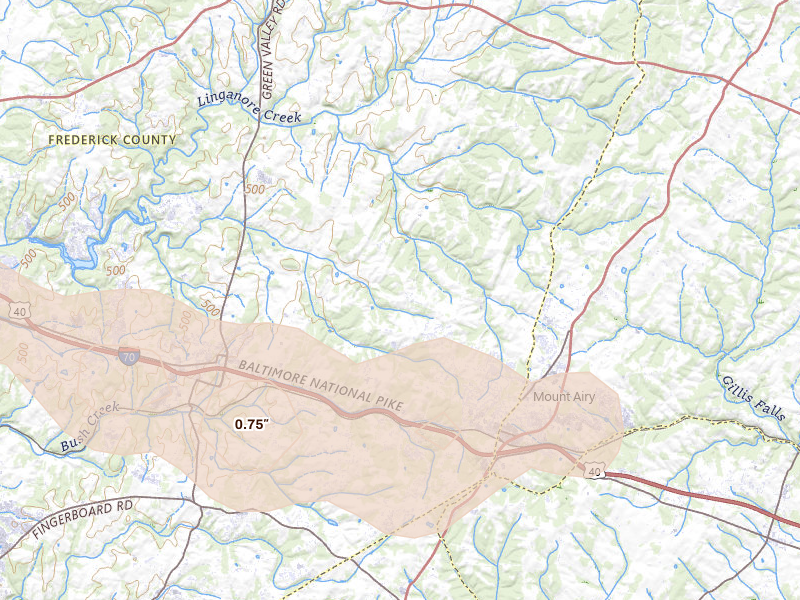 Radar-estimated hail-size map of the storm over Mount Airy, MD on Sep 3, 2026