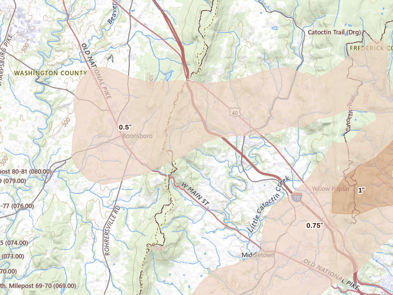 Radar-estimated hail-size map of the storm over Myersville, MD on Jul 4, 2026