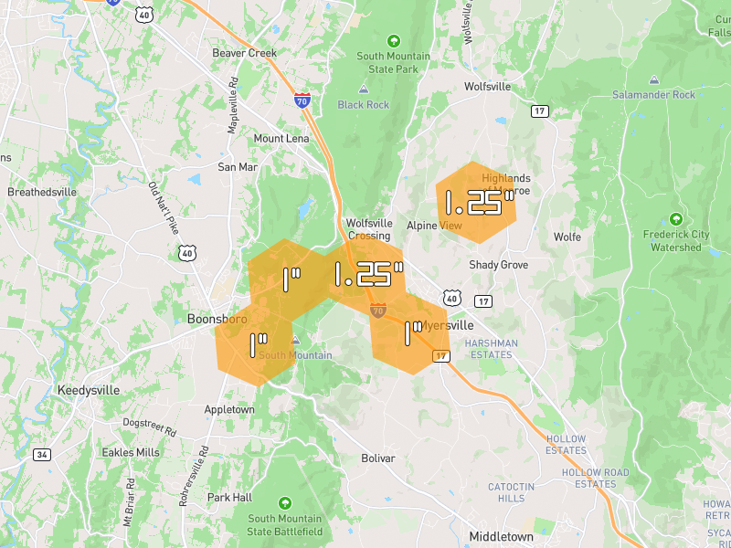Hail map of Myersville, MD on Jul 4, 2026, hail up to 1.25"