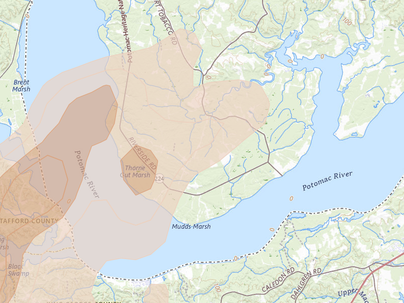 Radar-estimated hail-size map of the storm over Nanjemoy, MD on Jul 4, 2026