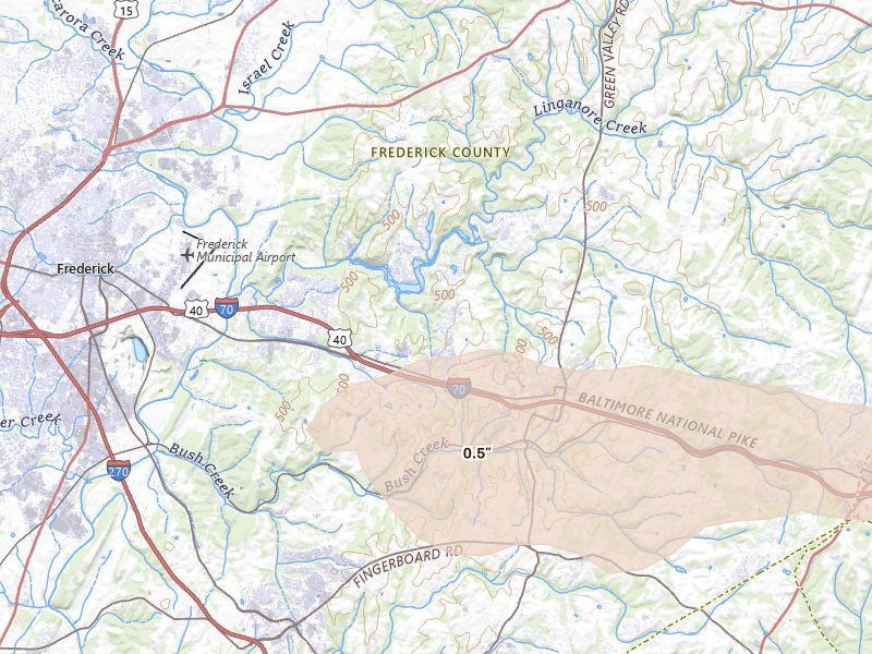Radar-estimated hail-size map of the storm over New Market, MD on Jul 28, 2026