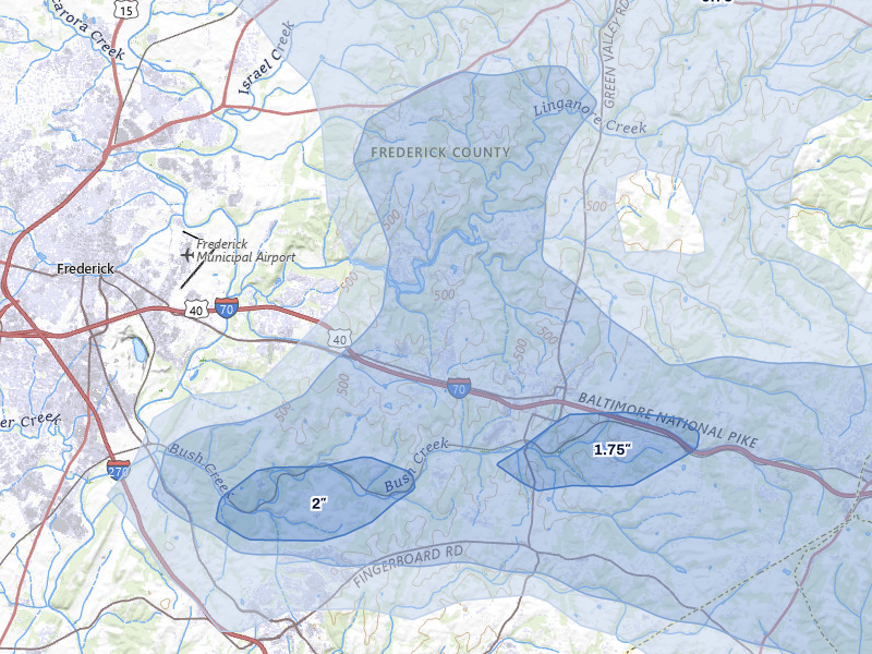 NEXRAD radar-signature map of the hail storm over New Market, MD on Jul 28, 2026