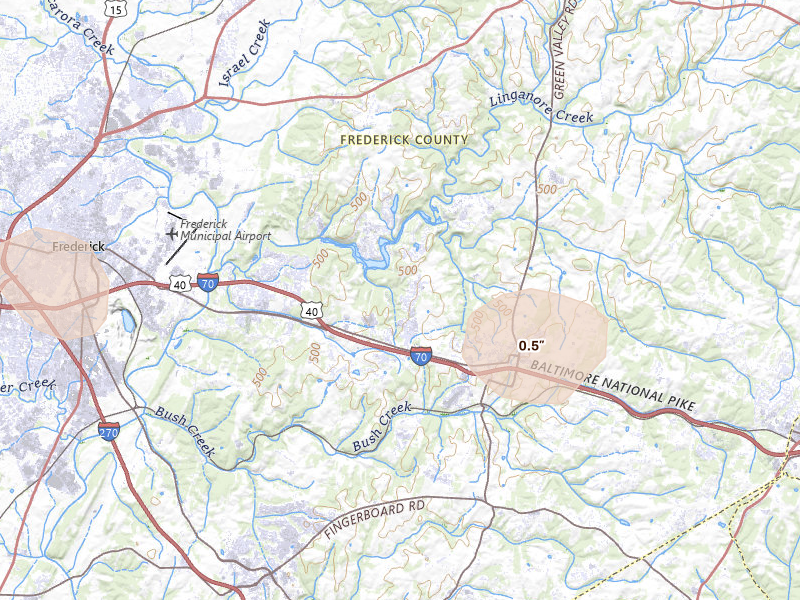 Radar-estimated hail-size map of the storm over New Market, MD on Aug 10, 2026