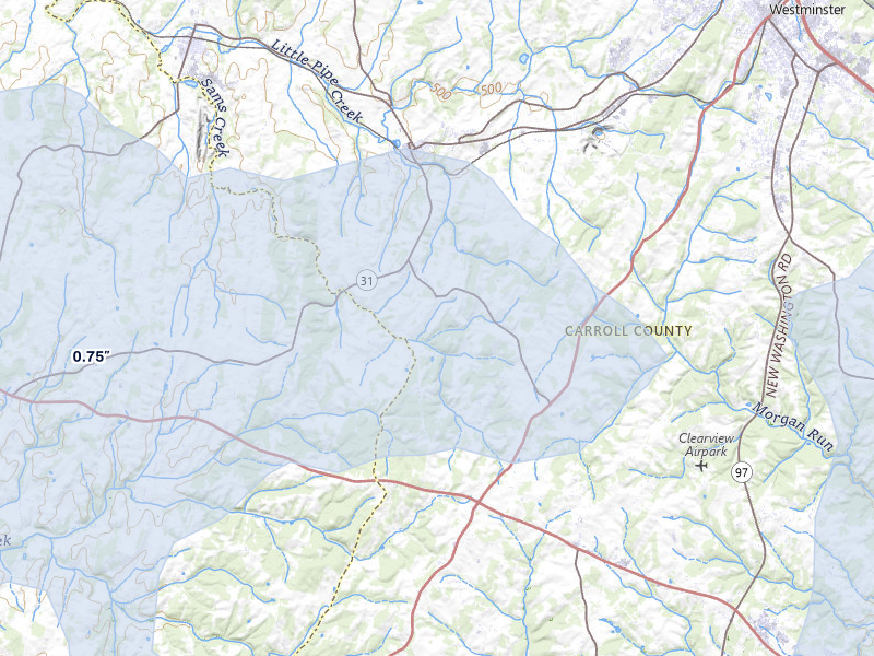 NEXRAD radar-signature map of the hail over New Windsor, MD