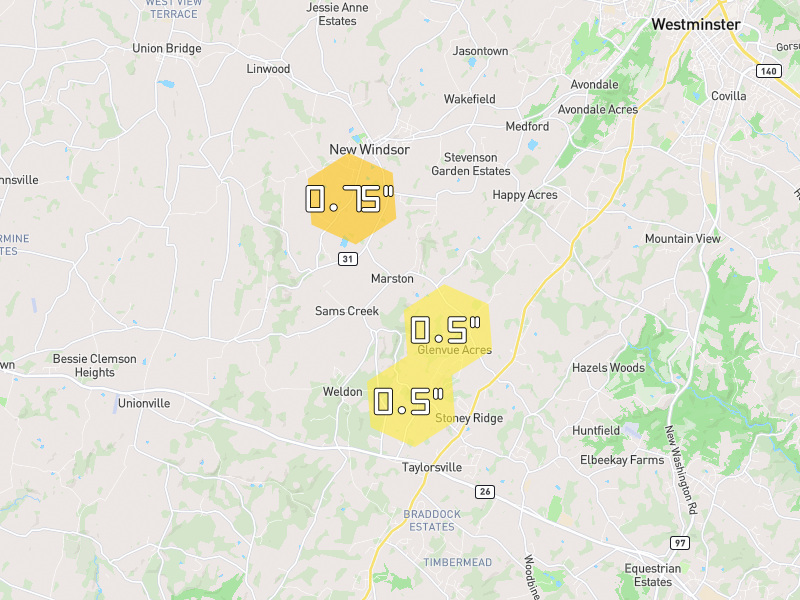 Hail map of New Windsor, MD on Jul 28, 2026, hail up to 0.75"