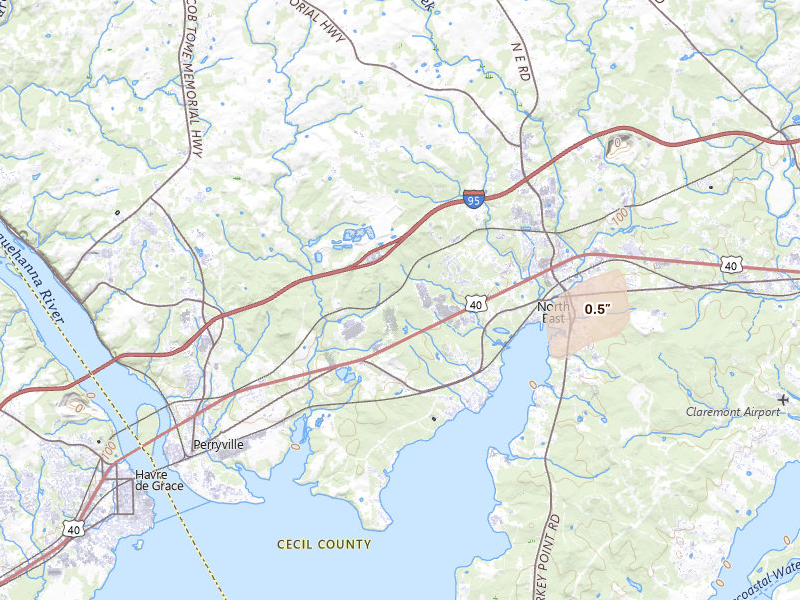 Radar-estimated hail-size map of the storm over North East, MD on Jul 5, 2026