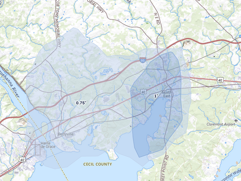 NEXRAD radar-signature map of the hail storm over North East, MD on Jul 5, 2026