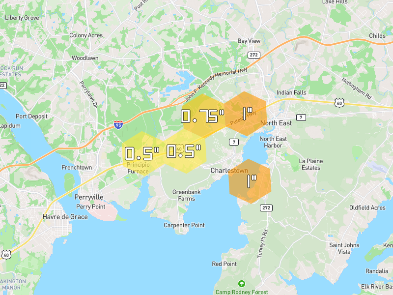 Hail map of North East, MD on Jul 6, 2026, hail up to 1"