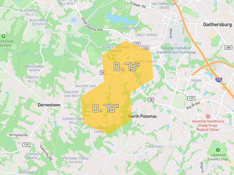 Hail map of North Potomac, MD on Jul 4, 2026, hail up to 0.75"