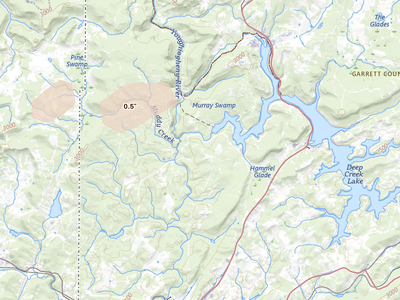 Radar-estimated hail-size map of the storm over Oakland, MD on Aug 10, 2026