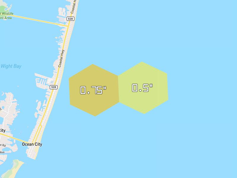 Hail map of Ocean City, MD on Jul 21, 2026, hail up to 0.75"